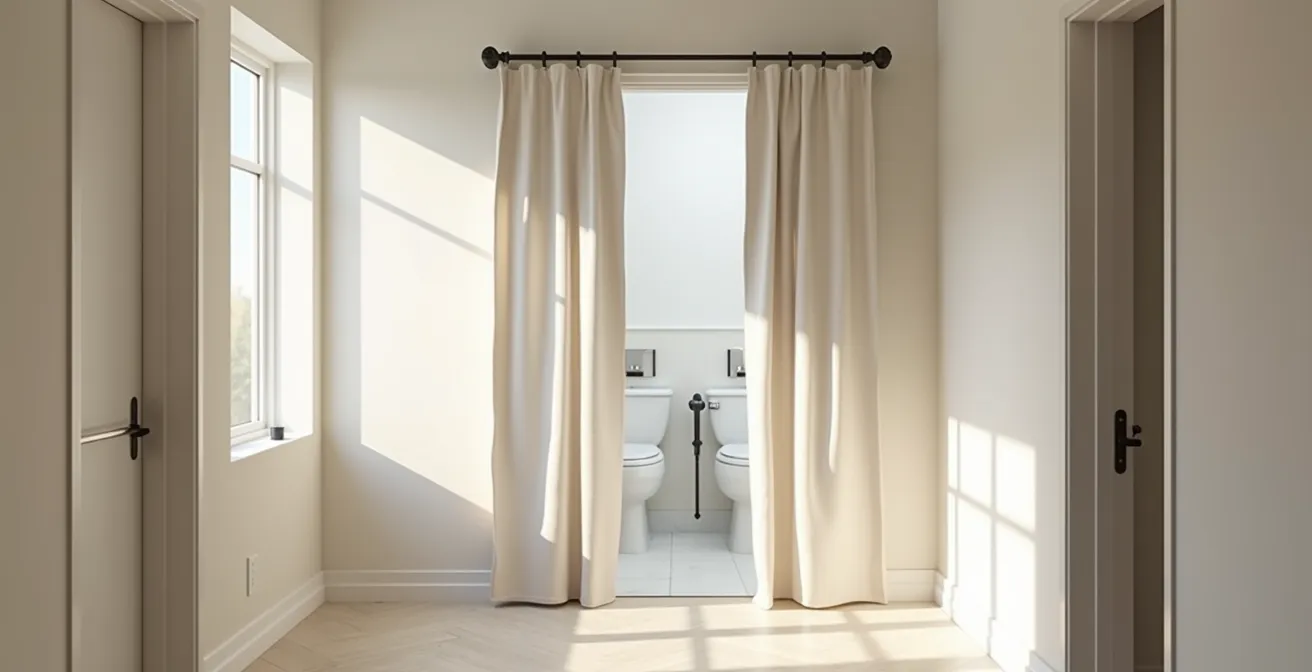 Bathroom entrance with privacy curtain instead of traditional door