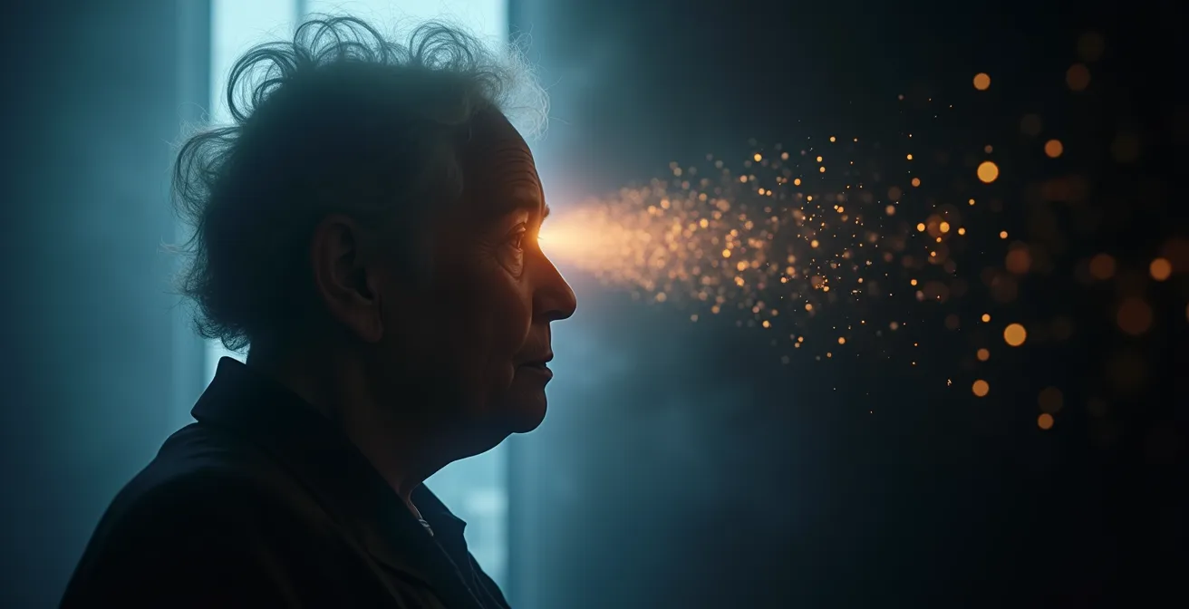 Visual metaphor of cognitive fog clearing in an elderly brain as anticholinergic burden is reduced.