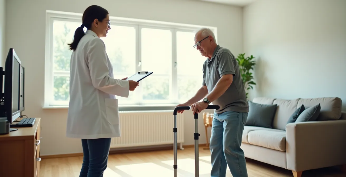 Healthcare professional conducting home assessment with elderly person