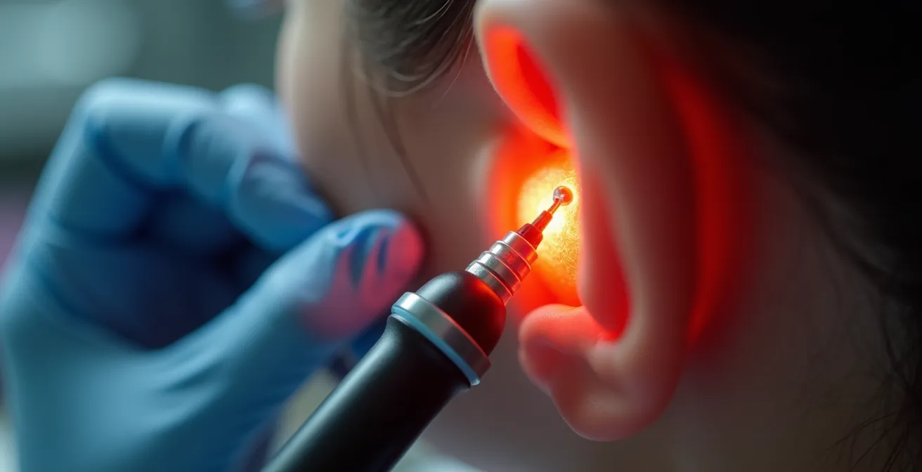 Close-up detail of hearing test equipment and ear during examination