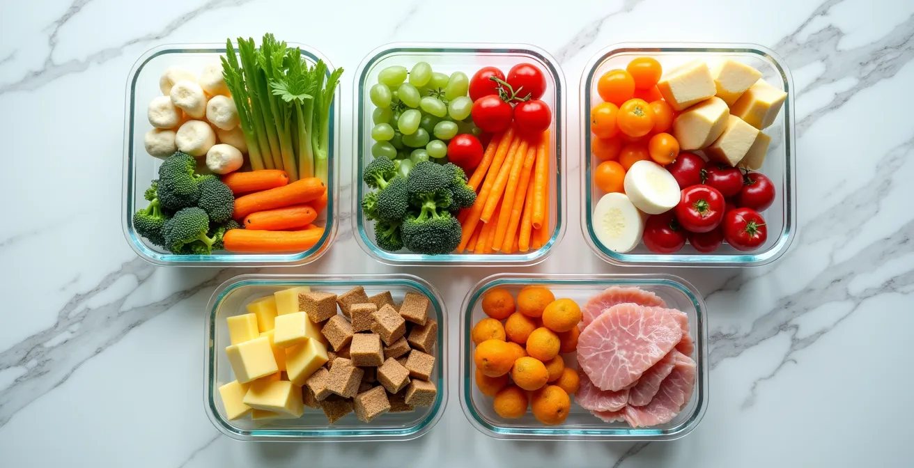 Overhead view of colorful meal prep containers showing heart and kidney friendly foods arranged in zones