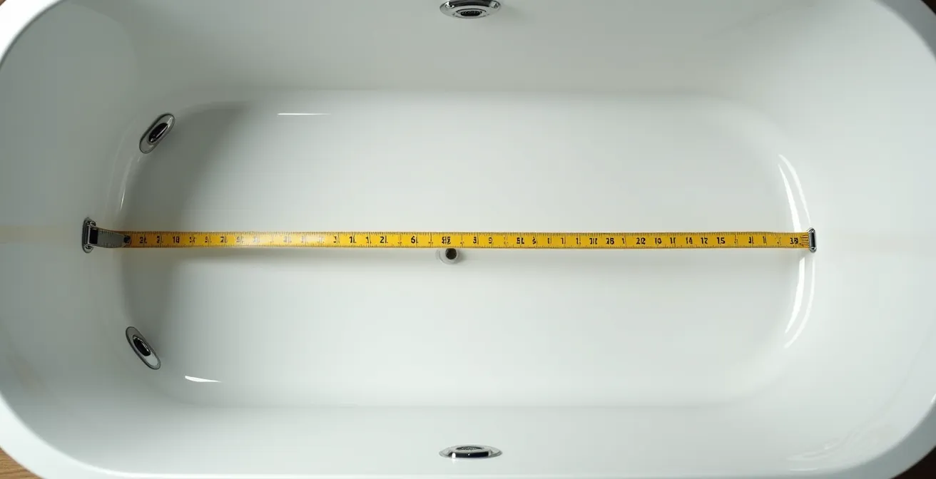 Cross-section view of narrow bathtub showing measurement points and chair leg positioning