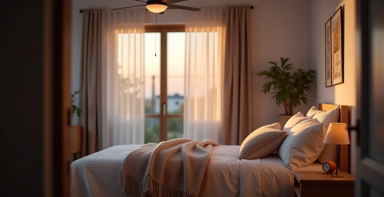 Serene bedroom with optimal temperature control showing cozy evening atmosphere