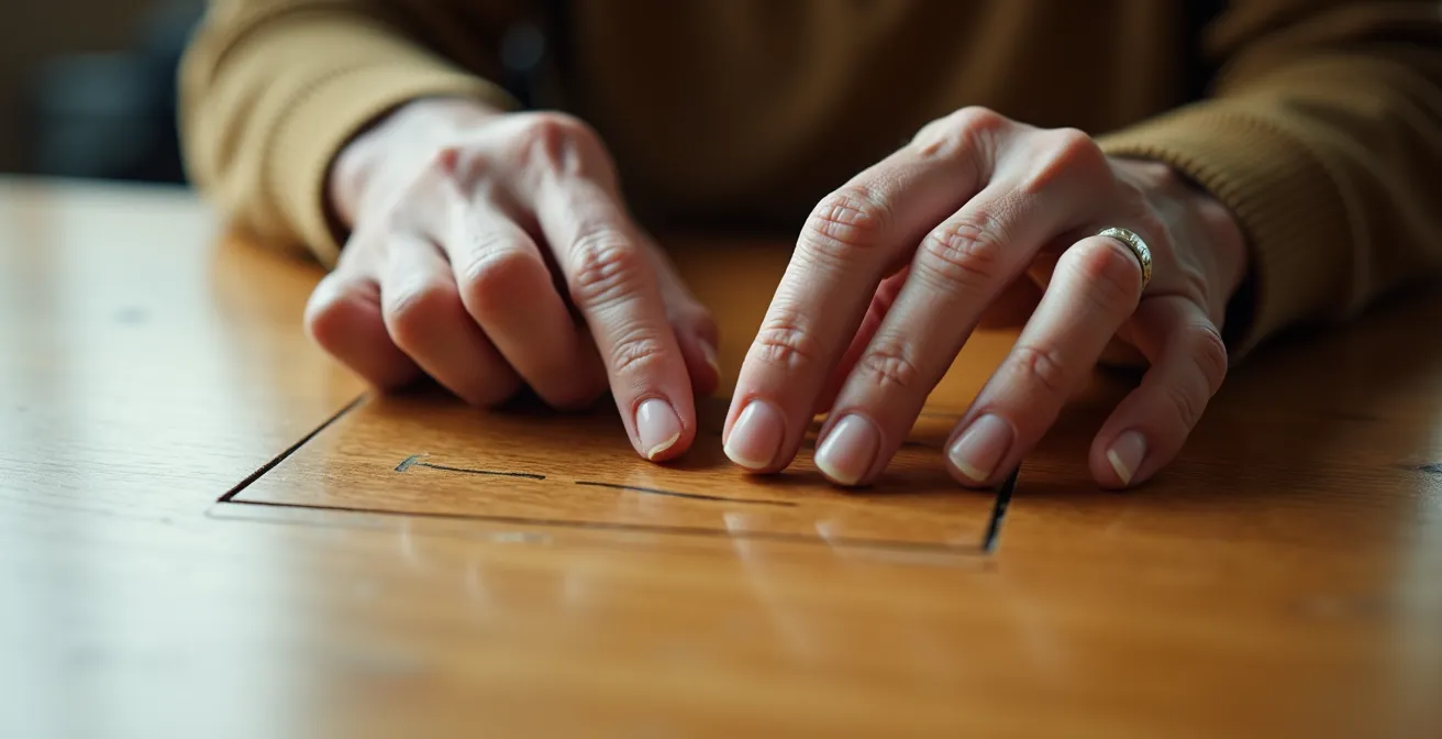 Close-up of senior hands tracing box pattern on table surface for breathing exercise