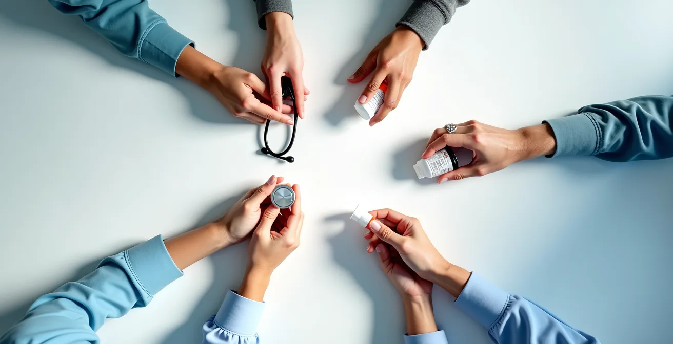 Abstract network of healthcare professionals connected by flowing lines representing communication