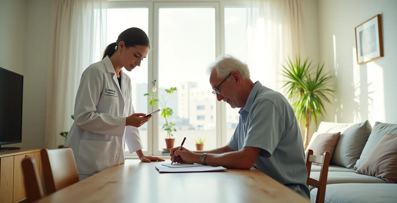 Caregiver helping elderly patient during telemedicine appointment