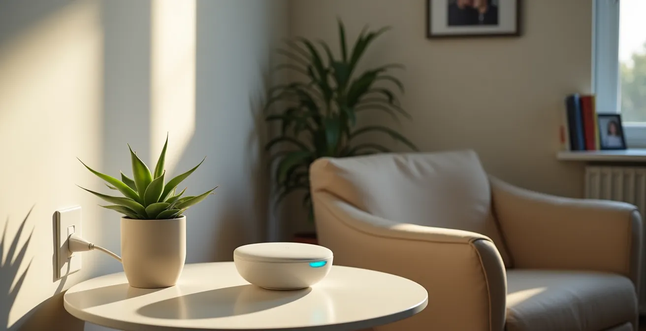 A simple cellular monitoring hub device plugged into a home outlet with automatic connection indicator