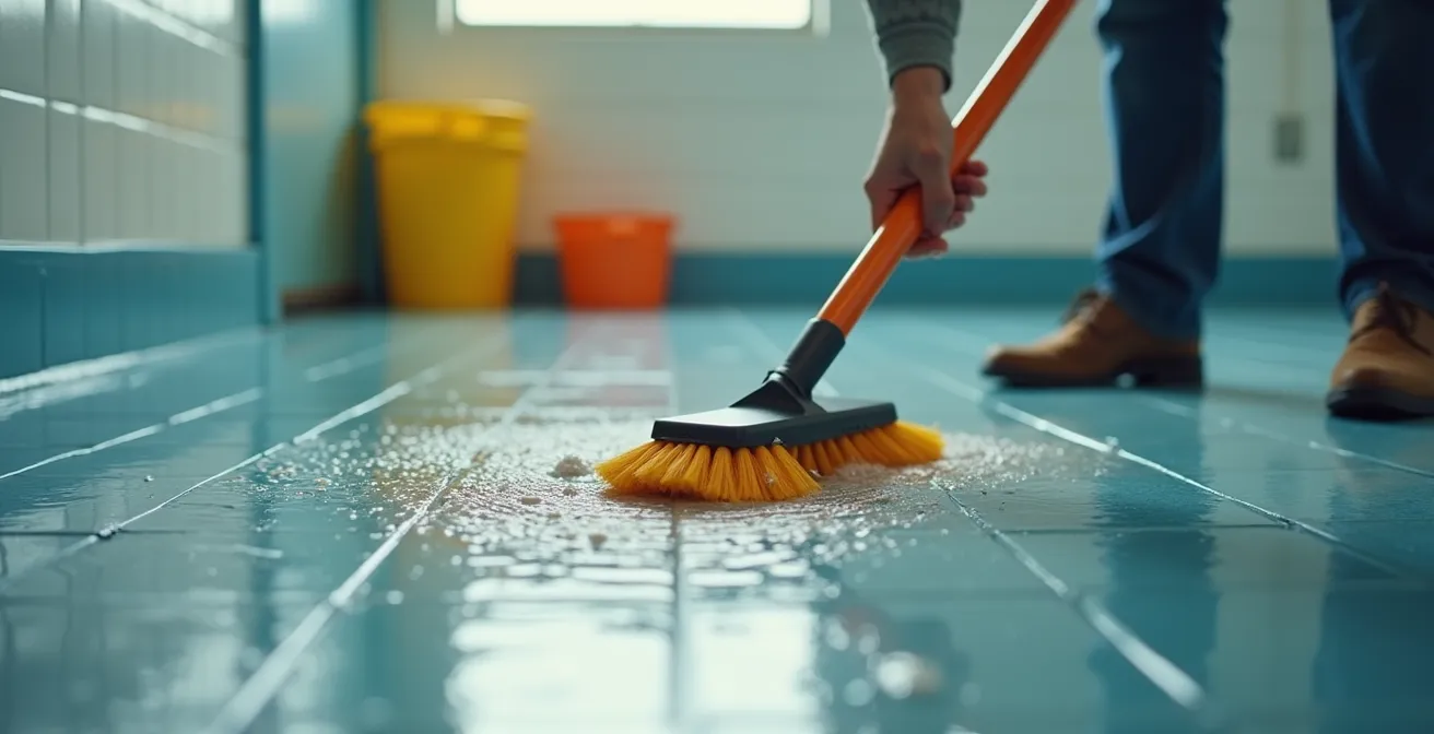 Person using deck brush to clean textured anti-slip bathroom floor with proper technique