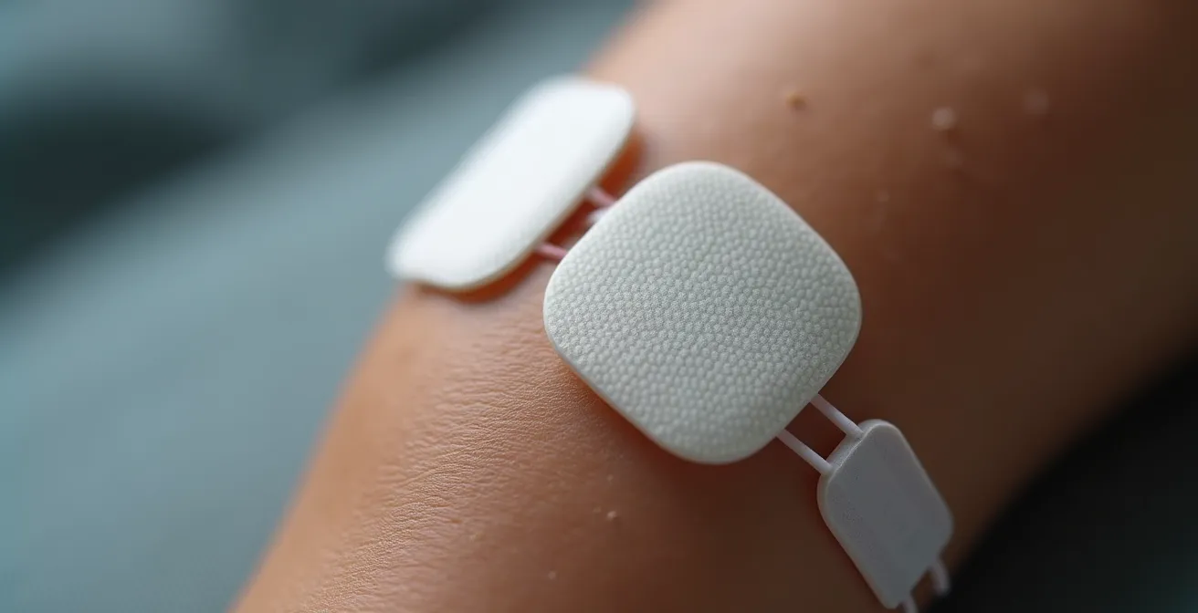 Macro view of TENS unit electrodes placed around knee joint