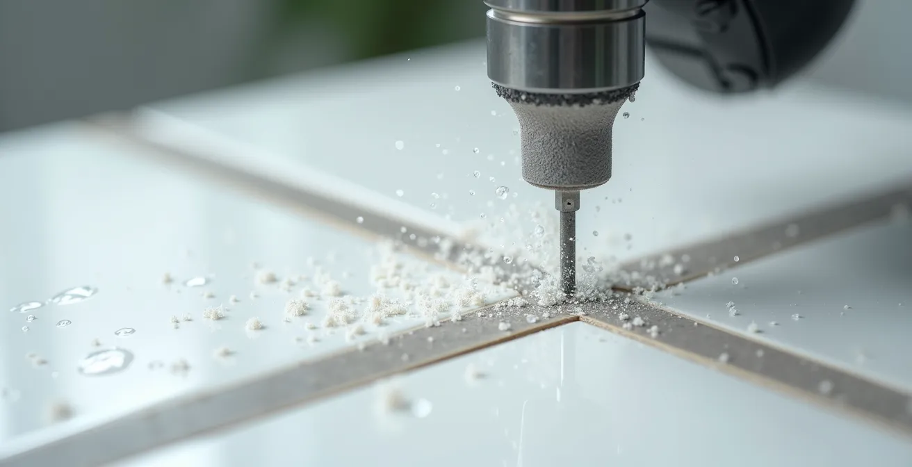 Close-up view of proper drilling technique into ceramic bathroom tile
