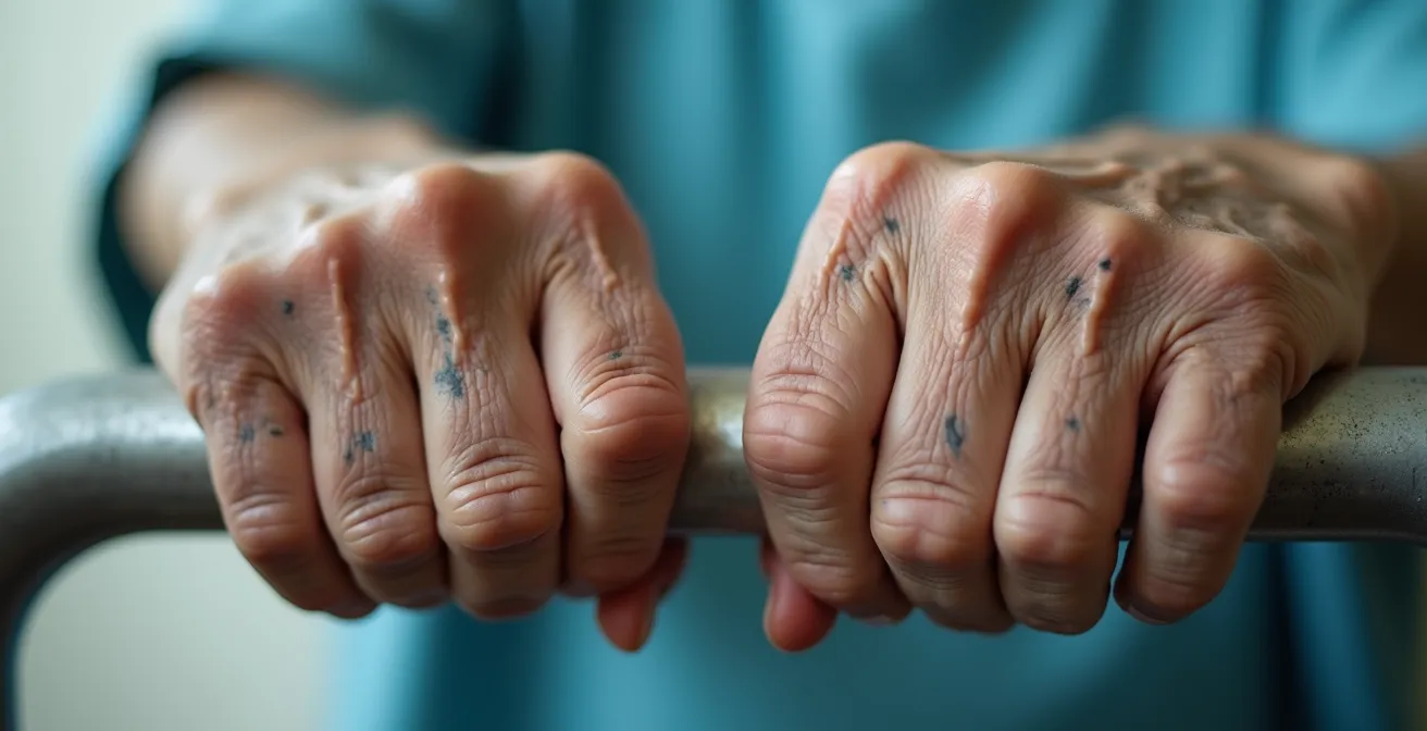 Close-up of elderly hands gripping parallel bars during physical therapy session