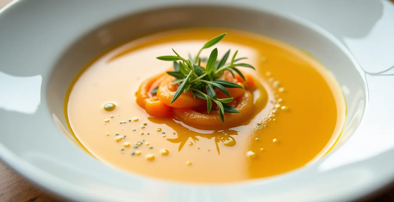 Elegantly plated soft foods with vibrant colors and garnishes on fine dining plates