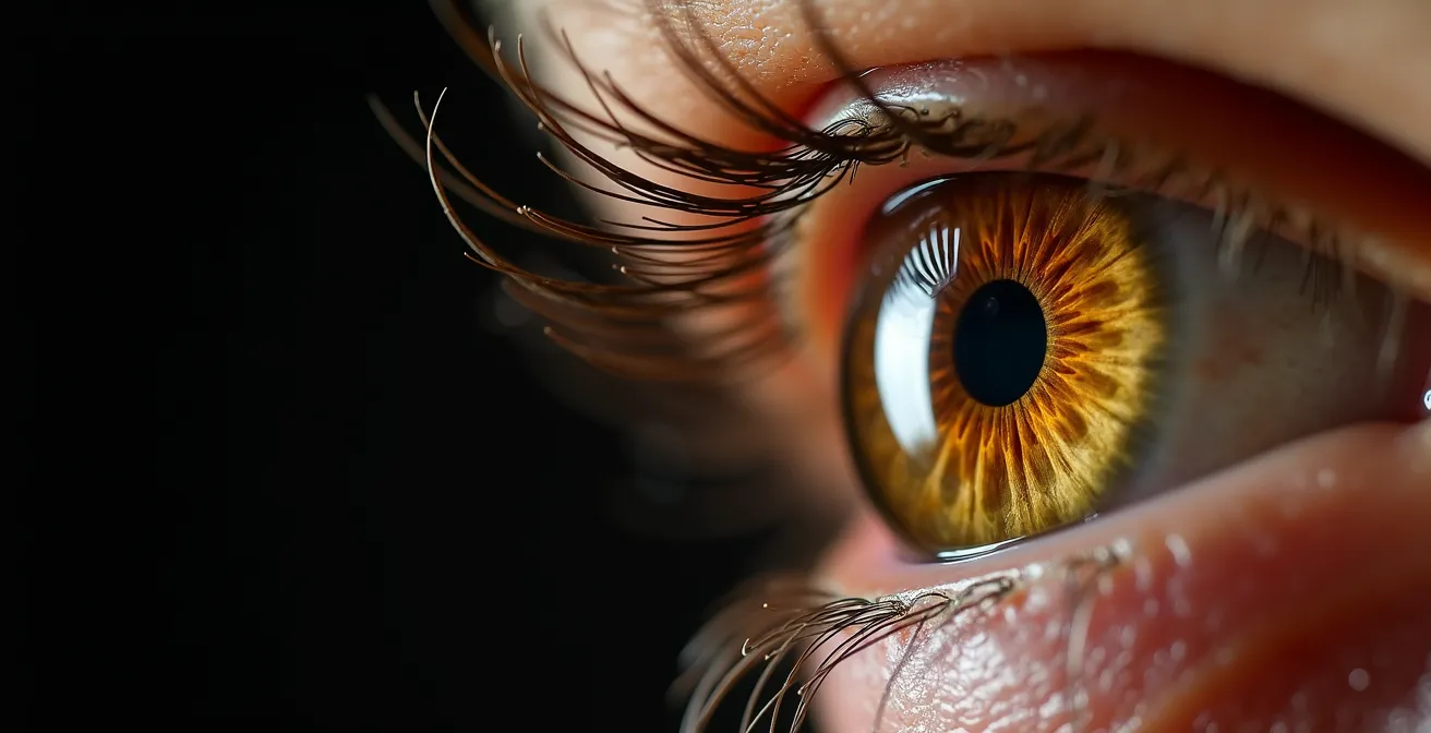 Macro photography of aging eye lens showing yellowing effect