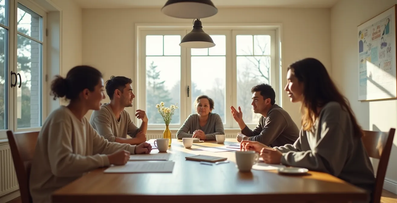 Wide view of family members gathered around dining table with calendar and documents