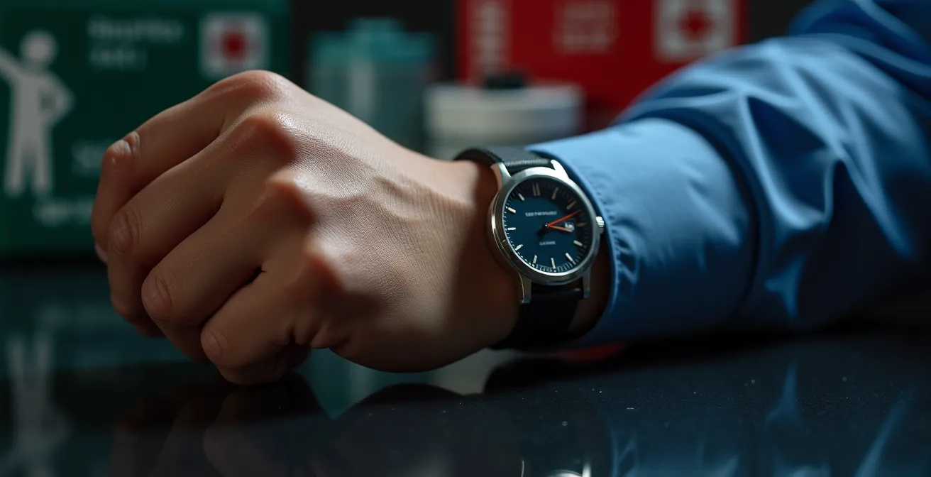 Medical professional checking watch while preparing emergency response equipment in hospital setting