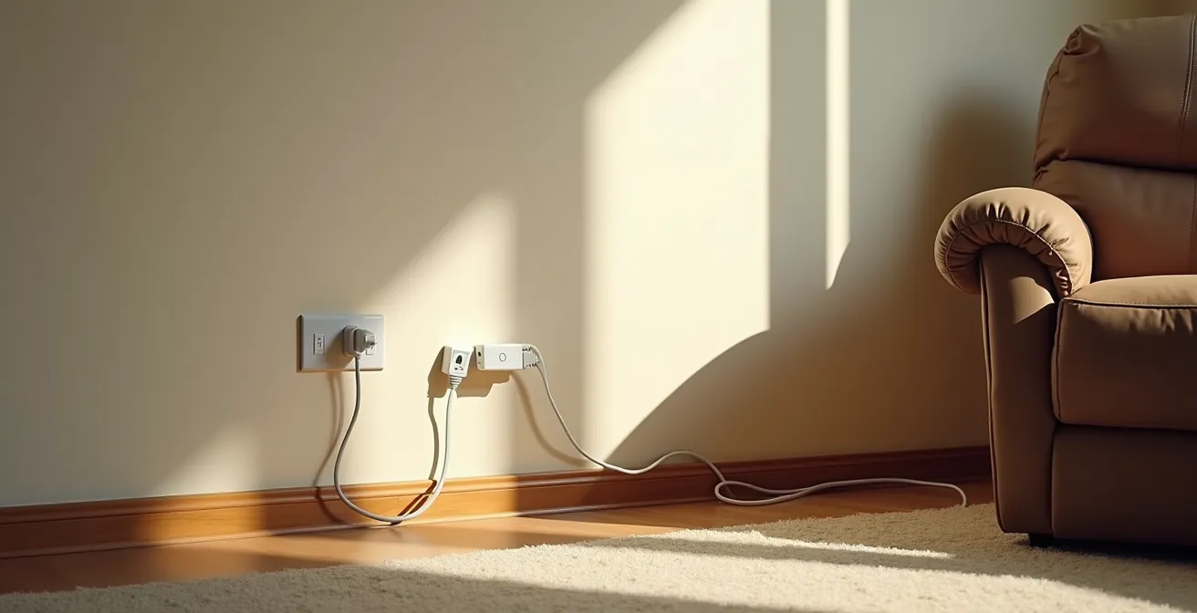 Wide angle view of living room showing dangerous cord placements at various heights