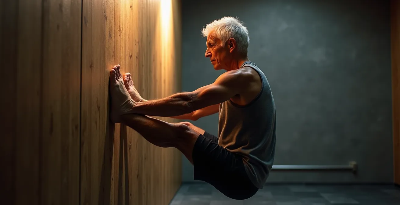 Senior demonstrating proper wall sit isometric exercise with controlled breathing technique