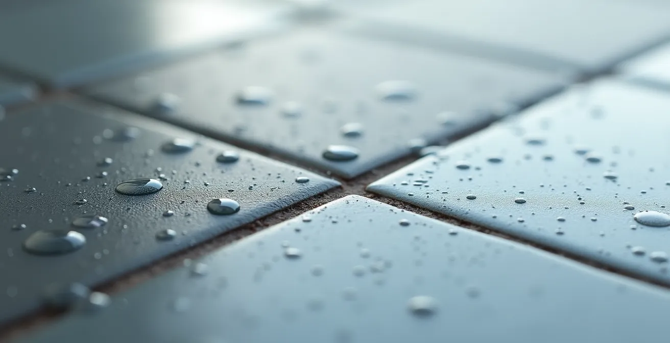 Extreme close-up of ceramic tile surface showing micro-etched texture for slip resistance