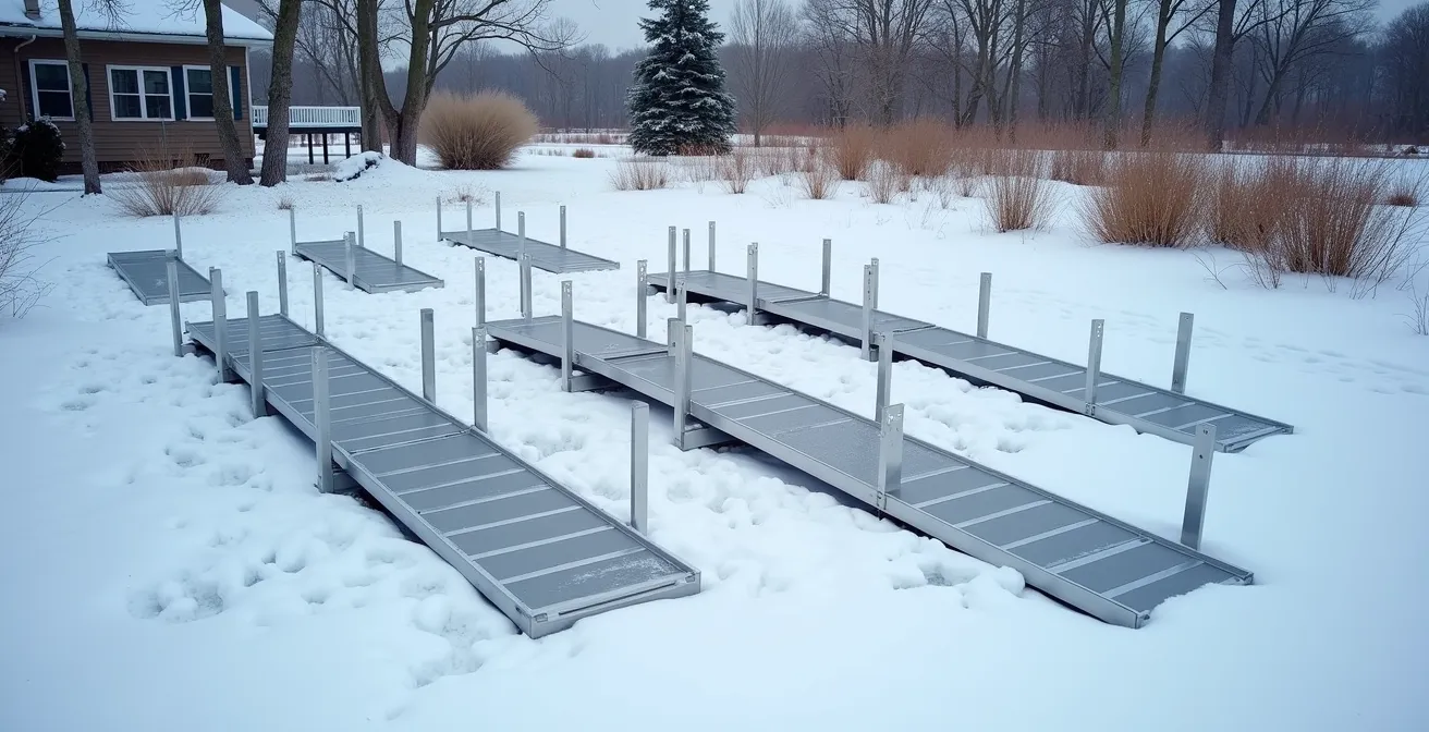Modular aluminum ramp sections being assembled in winter conditions