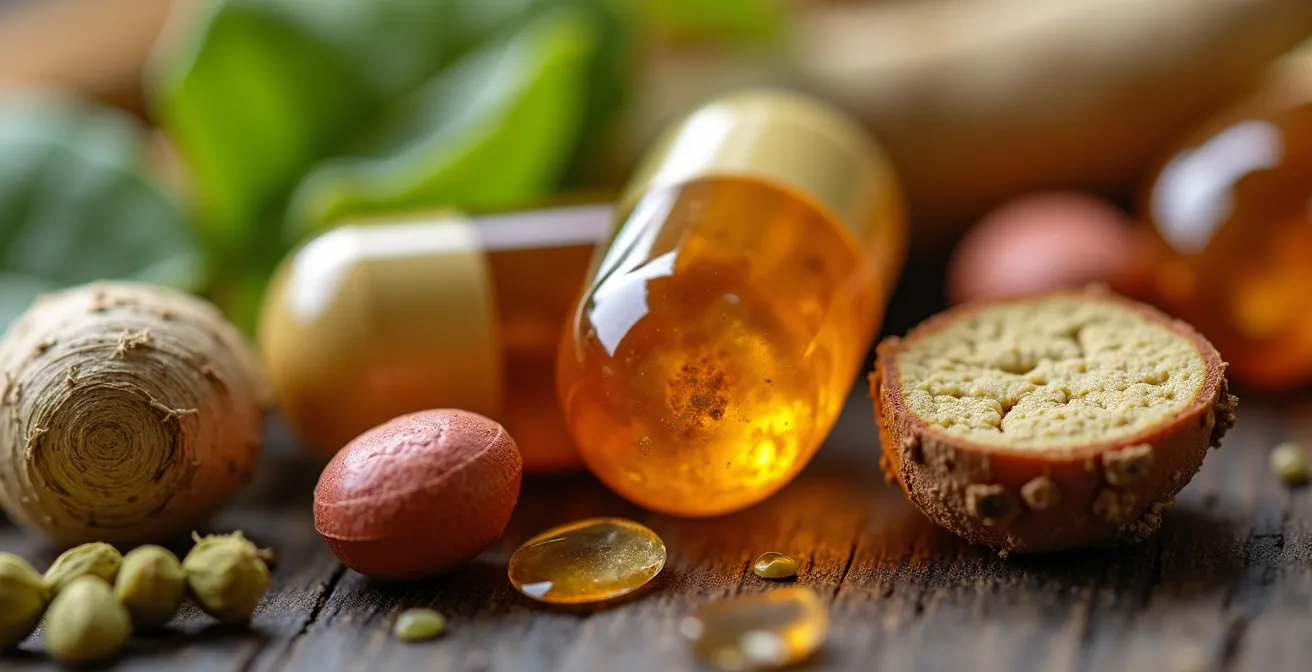A macro photograph showing the textures of various natural herbs and supplement capsules, highlighting their potent nature.