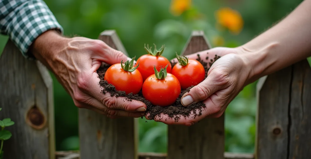 Elderly neighbors working together in a shared community garden space