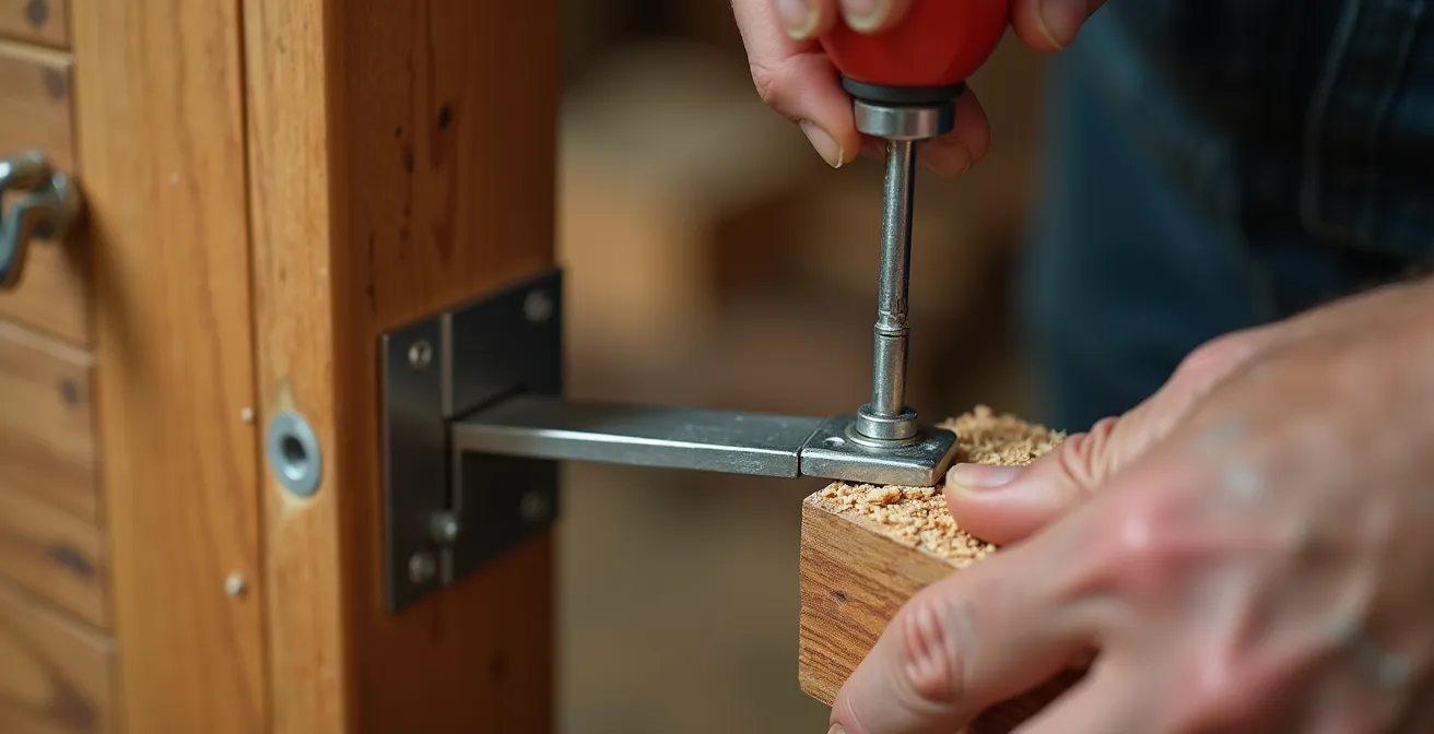 Close-up view of hands installing an offset hinge on a door frame