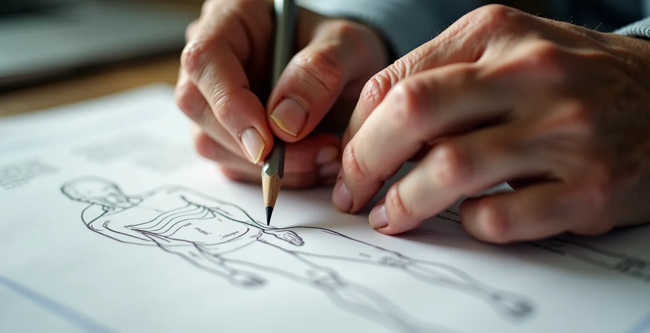 Close-up of hands marking pain locations on a body diagram