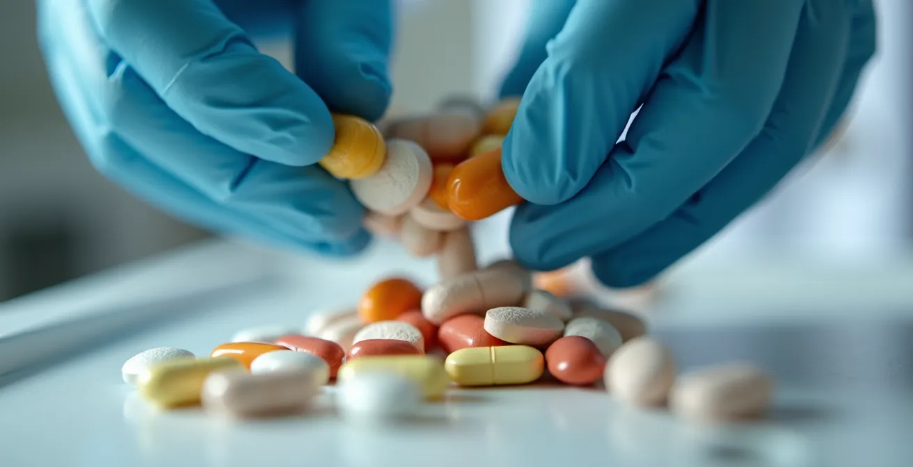 Close-up of pharmacist's hands carefully loading pills into an automated dispenser compartment