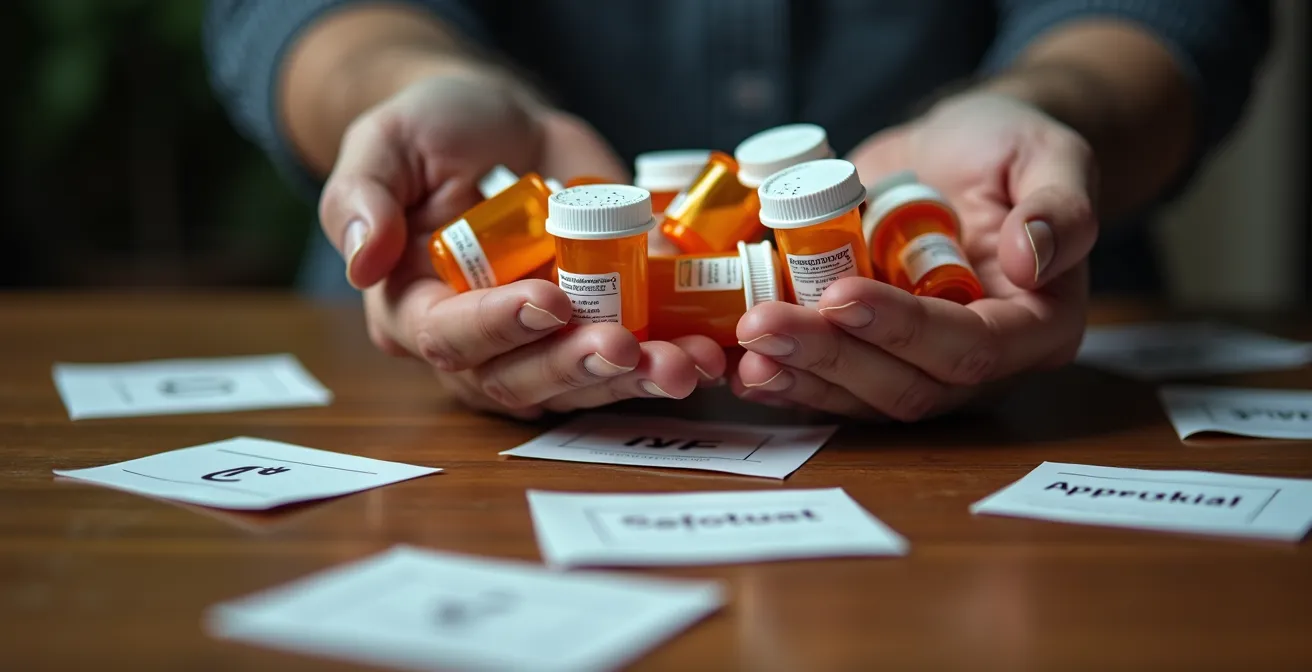 Close-up of exhausted patient's hands holding multiple medication bottles with scattered appointment cards