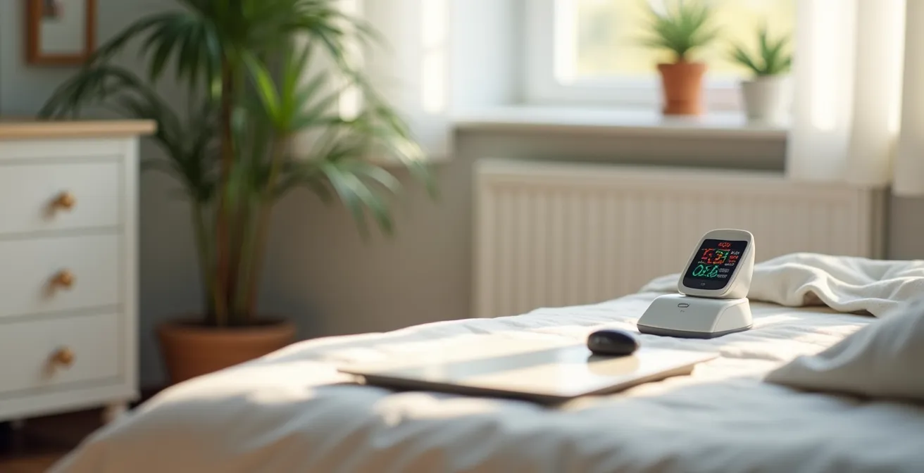 Various remote patient monitoring devices arranged on a home bedside table