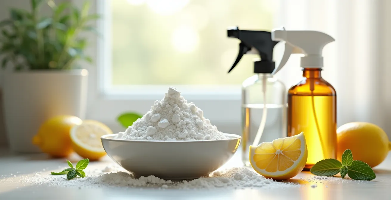 Natural cleaning products arranged safely with ventilated kitchen space for seniors