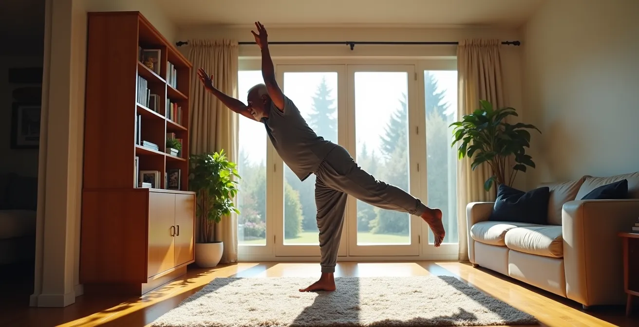Senior man practicing balance exercises on thick carpet at home