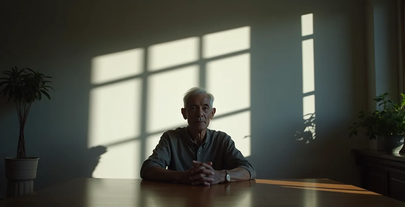 Elderly person in profile with abstract shadow patterns suggesting digital deception