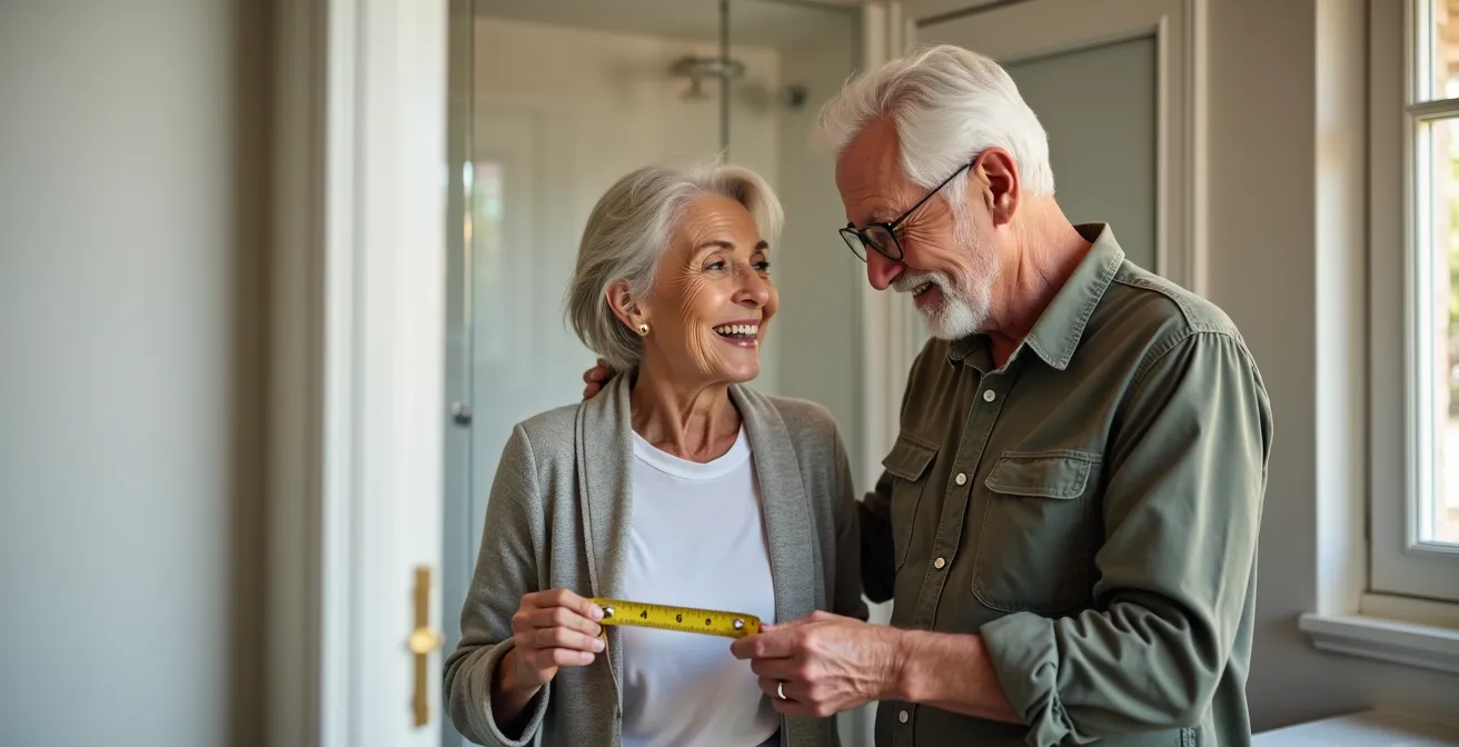 Active senior couple reviewing bathroom safety plans together