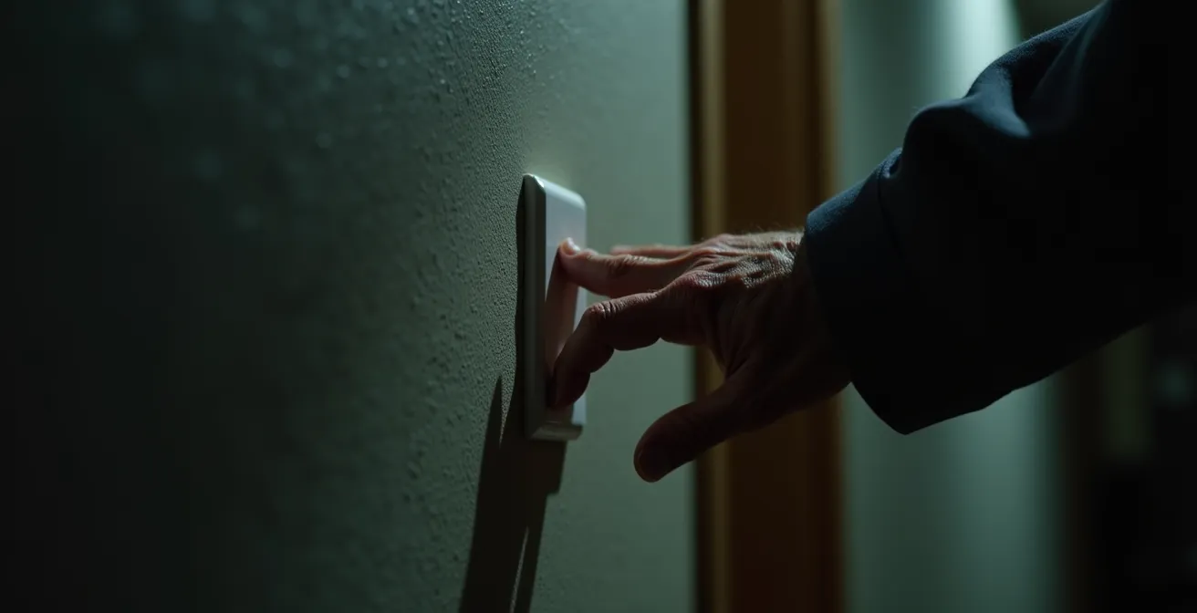 Close-up of elderly hand searching for light switch showing body lean
