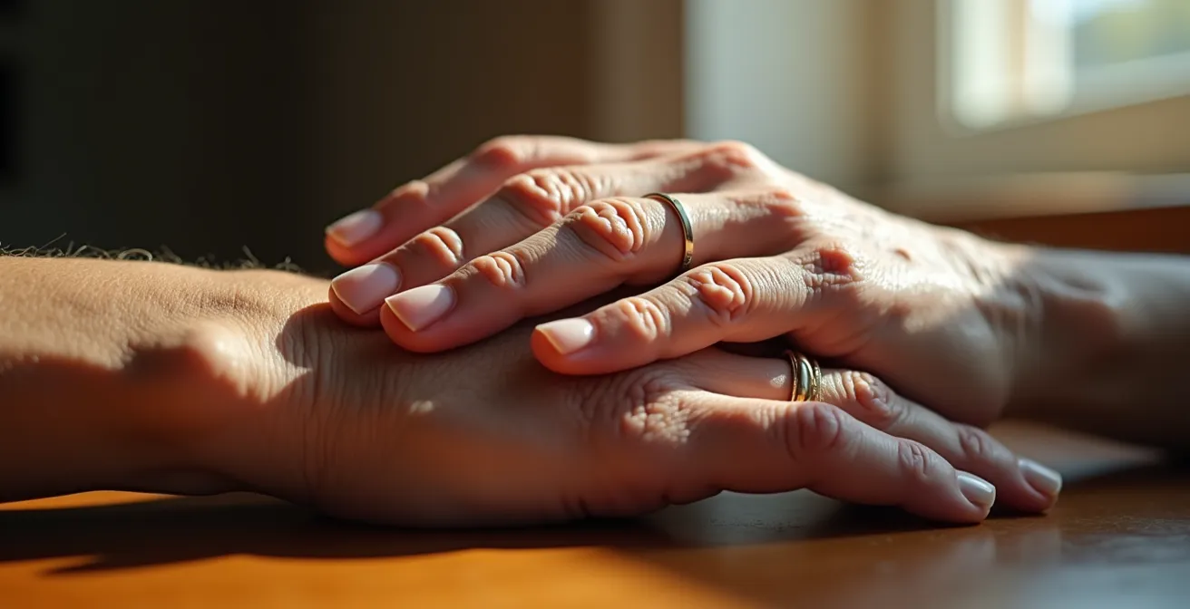 Close-up of elderly hands gently touching, conveying warmth and human connection