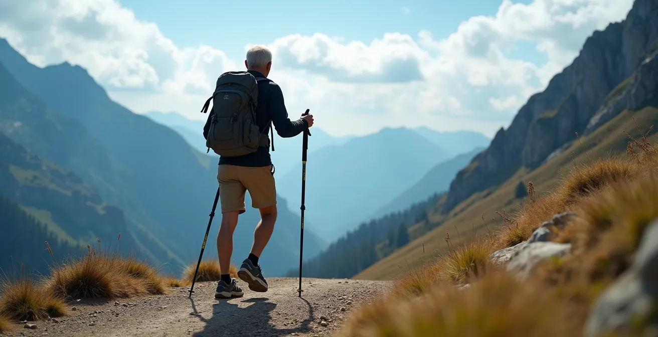 Active senior using trekking poles on a scenic mountain trail with an expansive natural vista