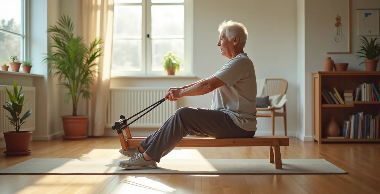 Older adult performing low-impact resistance band exercises demonstrating joint-sparing movements