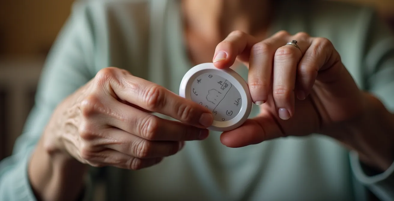 Close-up of senior's hand confidently pressing button on medical alert pendant during practice session