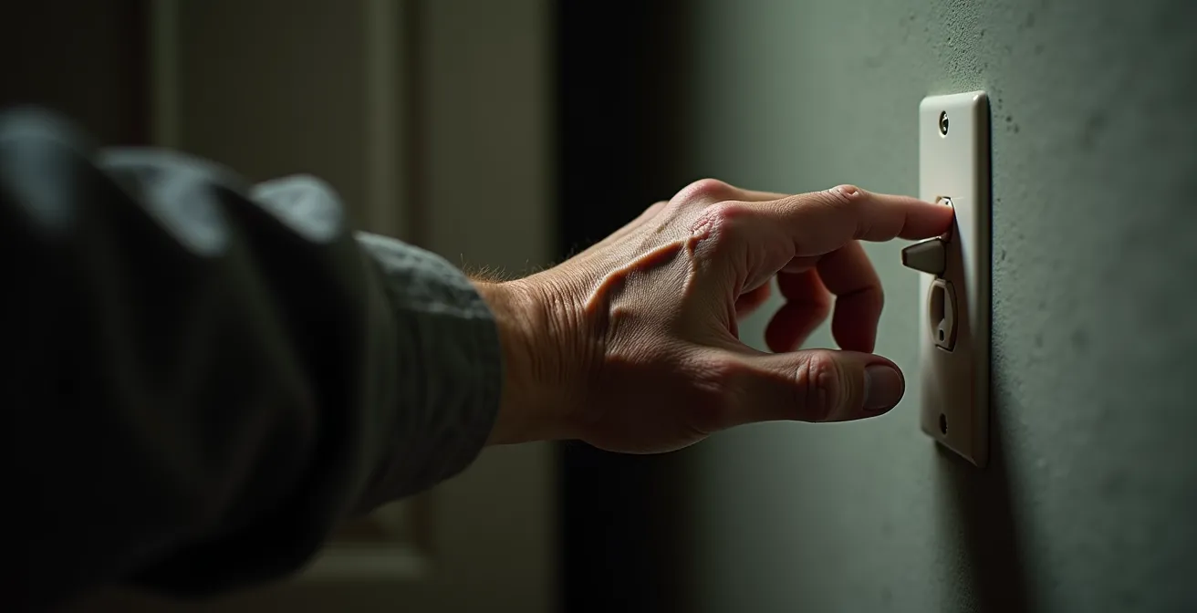 Close-up of elderly hand searching for light switch on wall in darkness