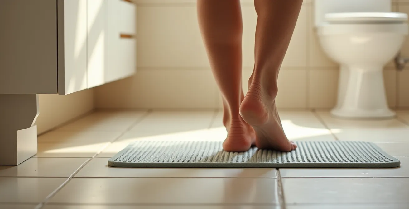 Elderly person balancing on one leg during morning routine in bathroom