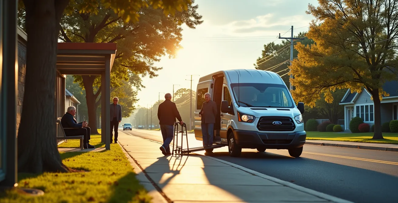 Volunteer helping senior citizen into accessible van with wheelchair ramp