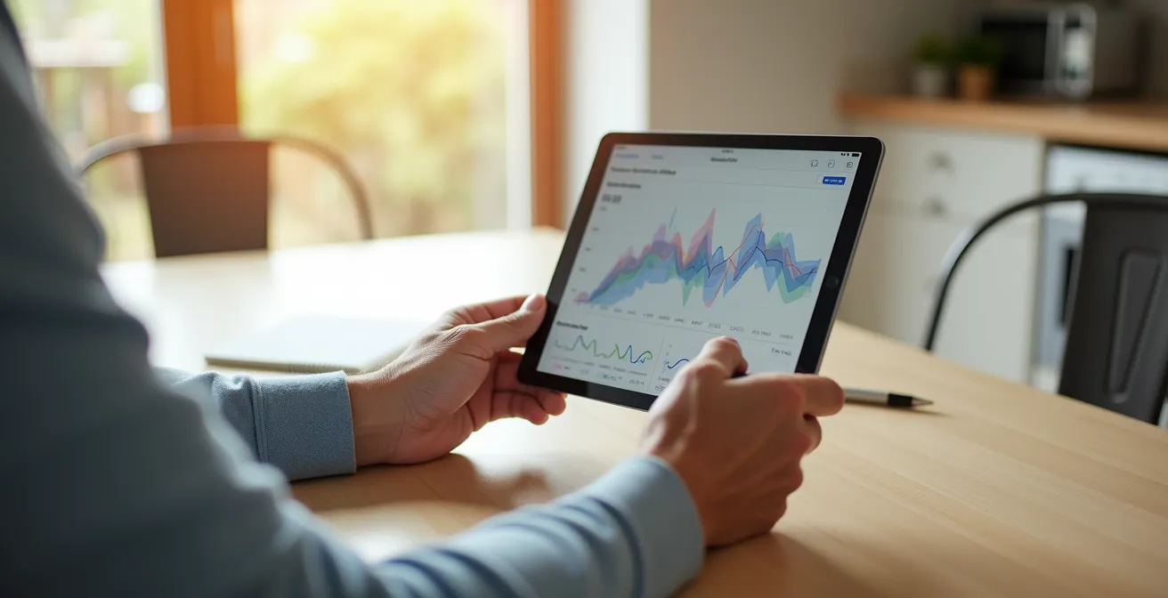 Elderly hands holding a tablet showing blood pressure trend graphs