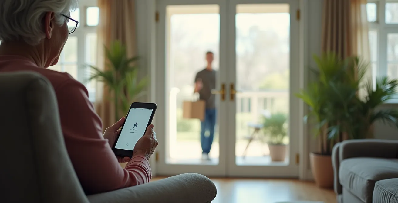 Elderly woman safely checking visitor through video doorbell app