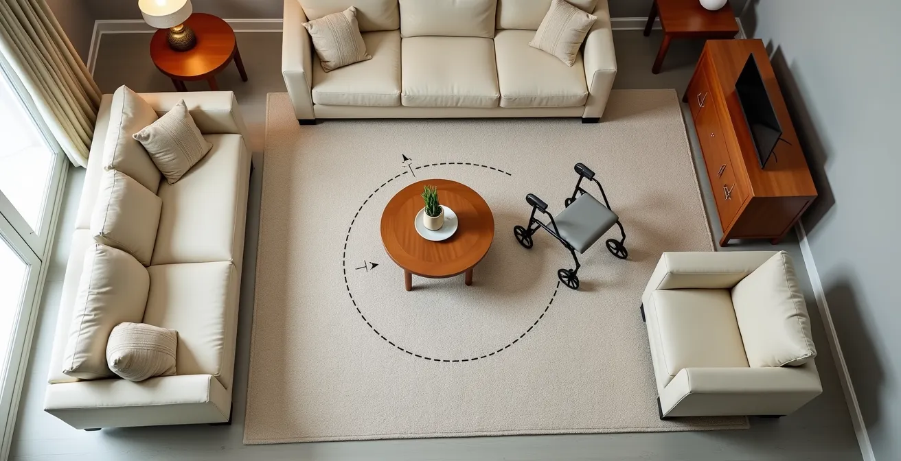 Overhead view showing proper furniture spacing for walker turning radius