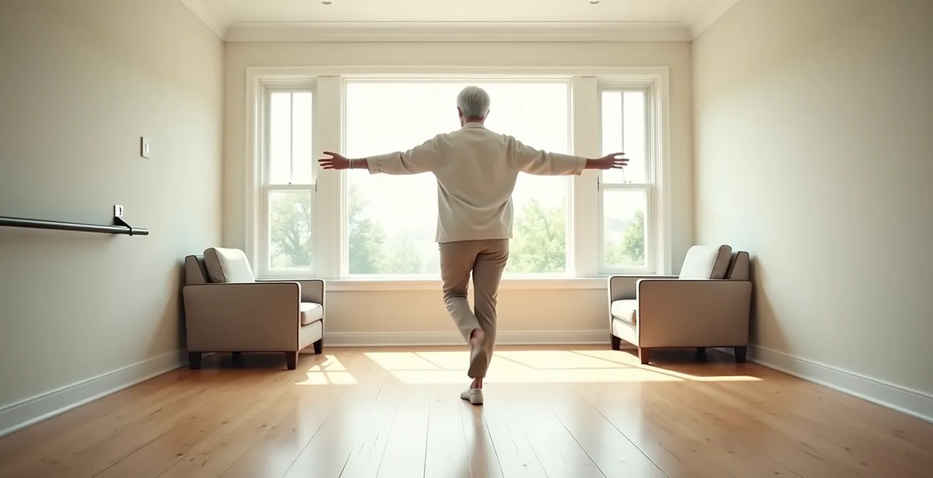 Senior woman performing balance exercises at home with safety equipment nearby