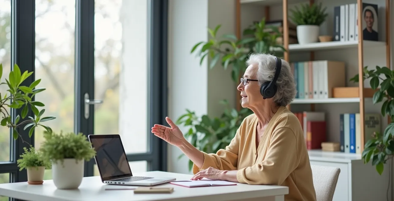 Senior woman engaged in language learning at modern desk with books and headphones