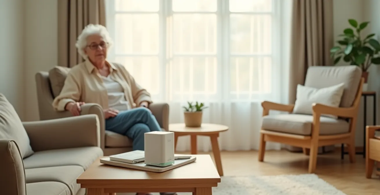 Elderly woman with dementia safely using a locked medication dispenser in home environment