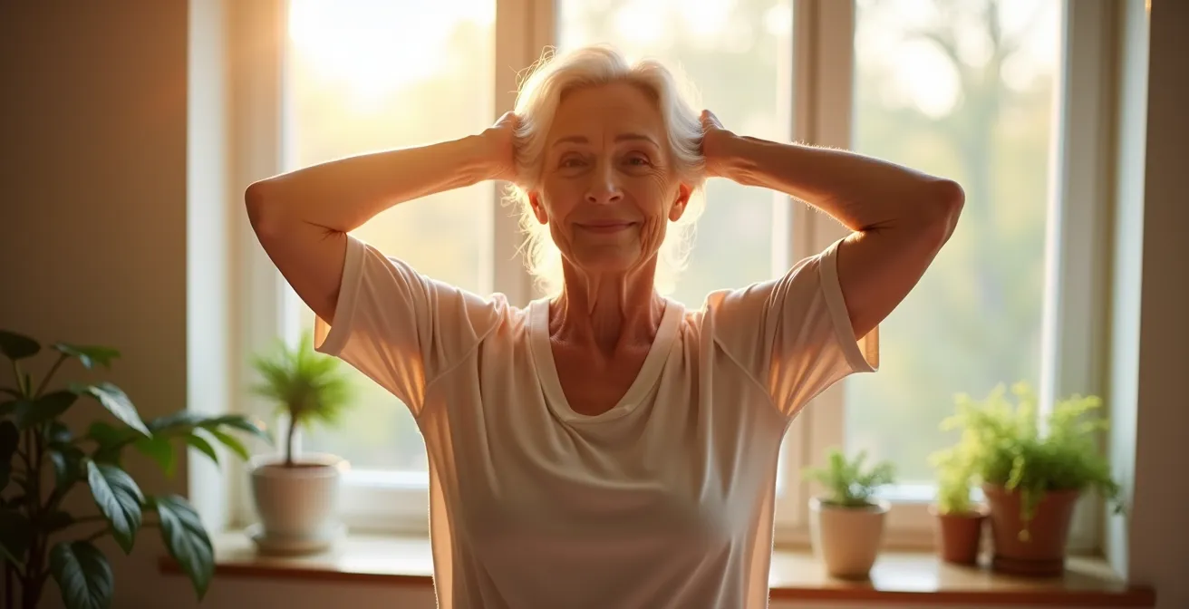Senior woman performing morning stretches by bright window with natural sunlight
