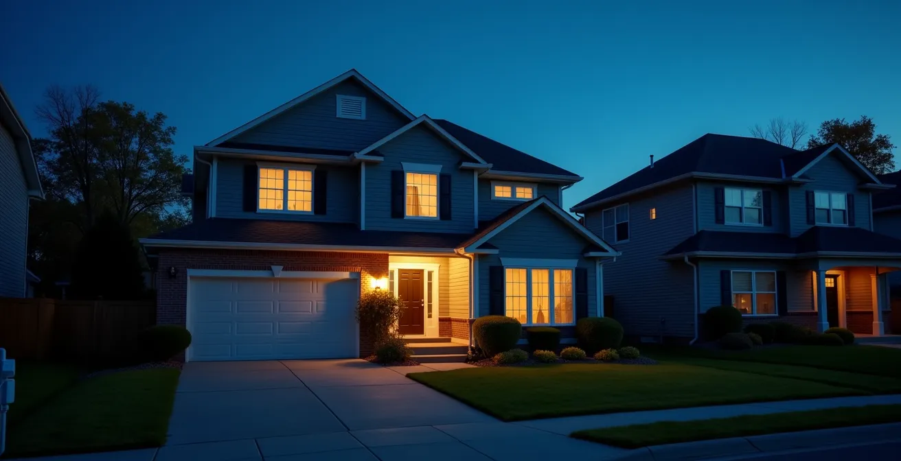 Home exterior at dusk with automated lights creating lived-in appearance